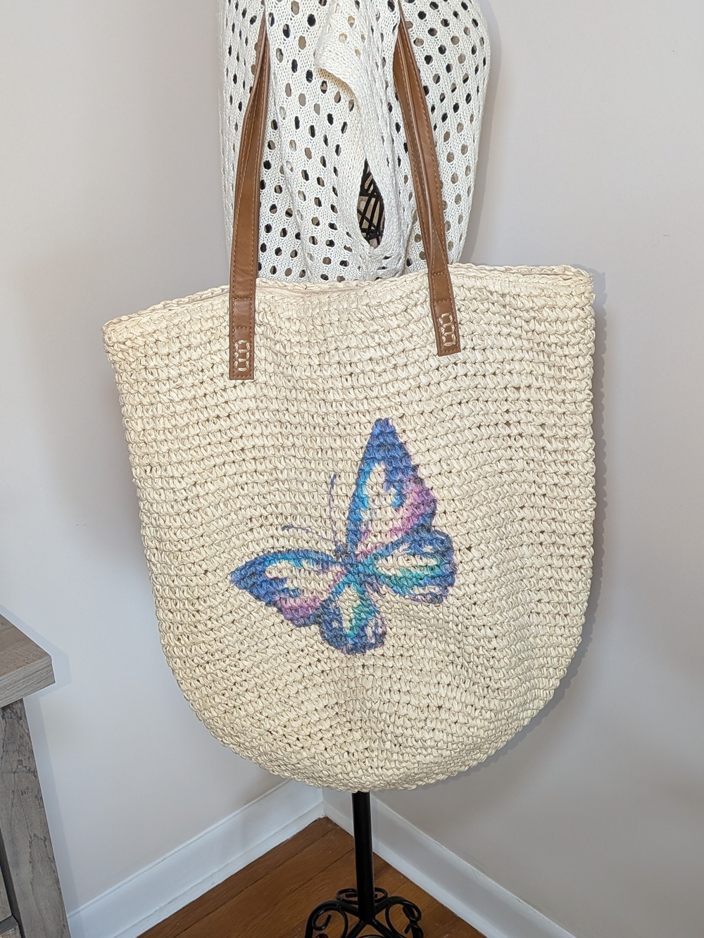 Style &Co. Woven Cream Butterfly Tote Bag with Brown Handles